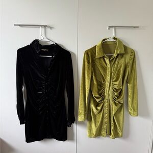 Black and Green chartreuse Ruched Velvet dresses button up long sleeve